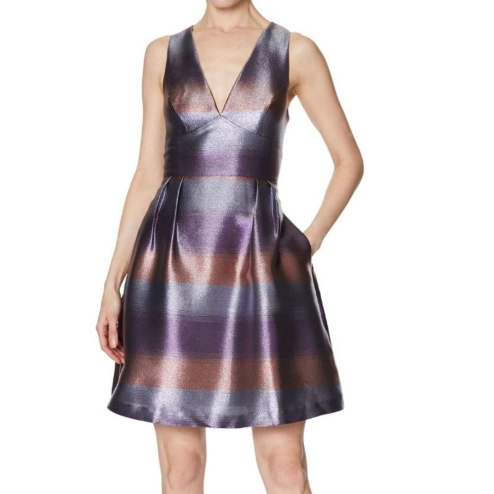 LAUNDRY BY SHELLI SEGAL Shimmering Tonal Stripe Fit and Flare Dress Size 12